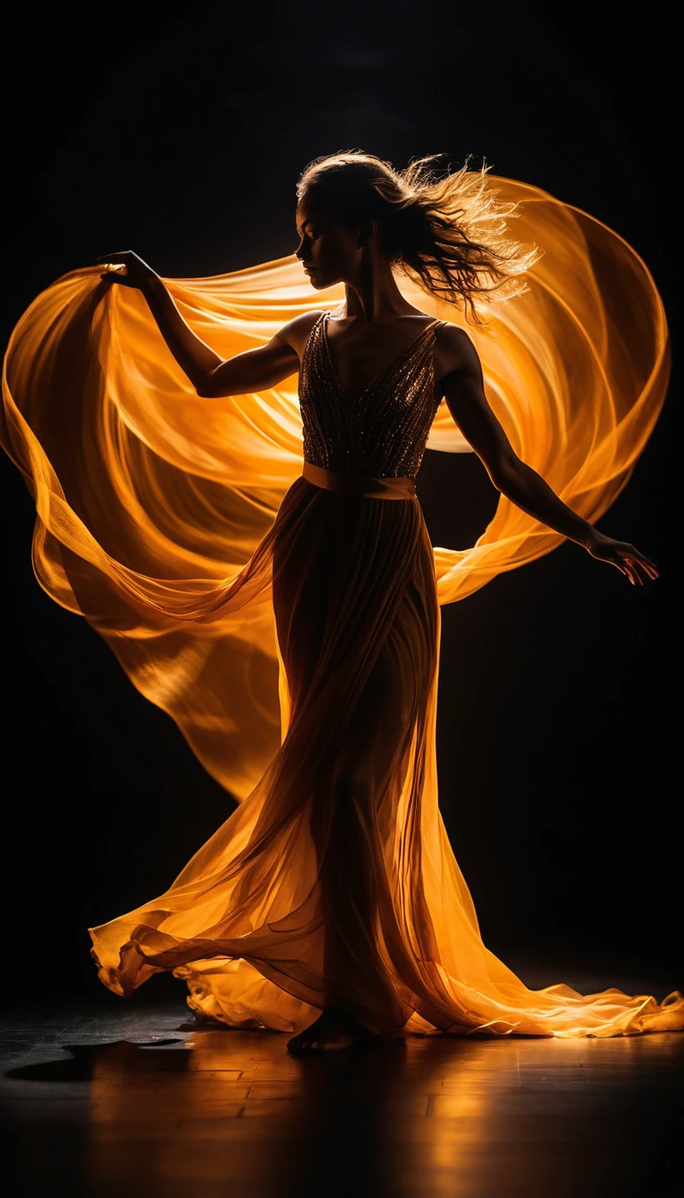 Silhouette of dancer wrapped in swirling golden light trails