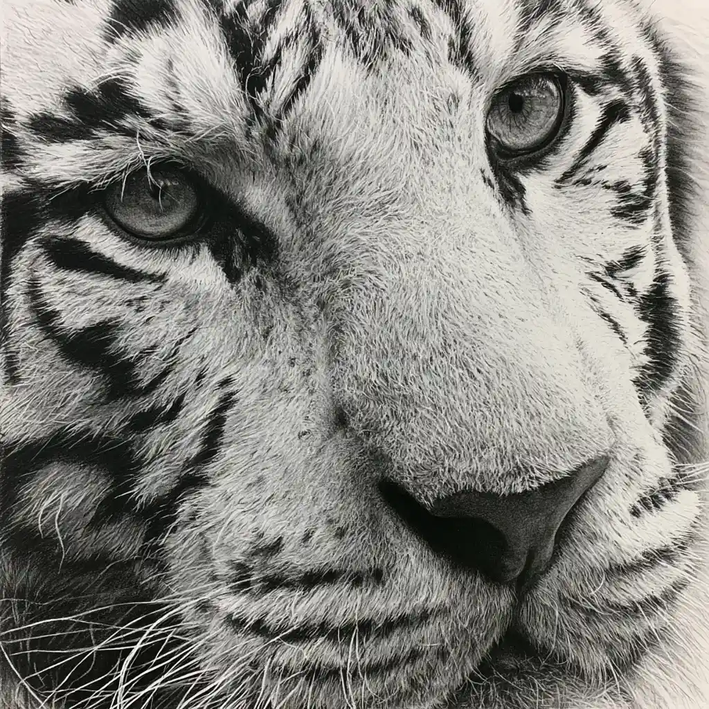 Charcoal-Nahaufnahme einer weißen Tigerfratze