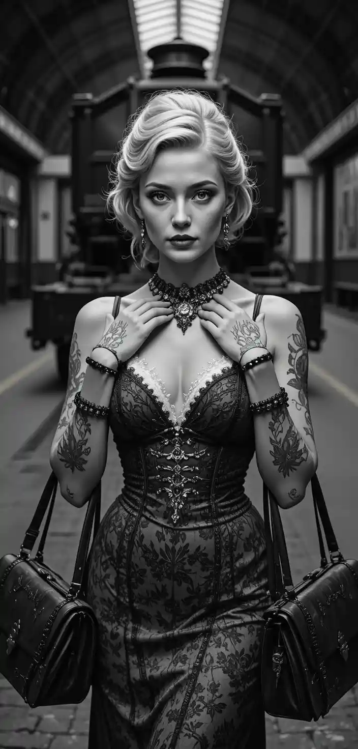 Elegant victorian woman with suitcases on a train platform