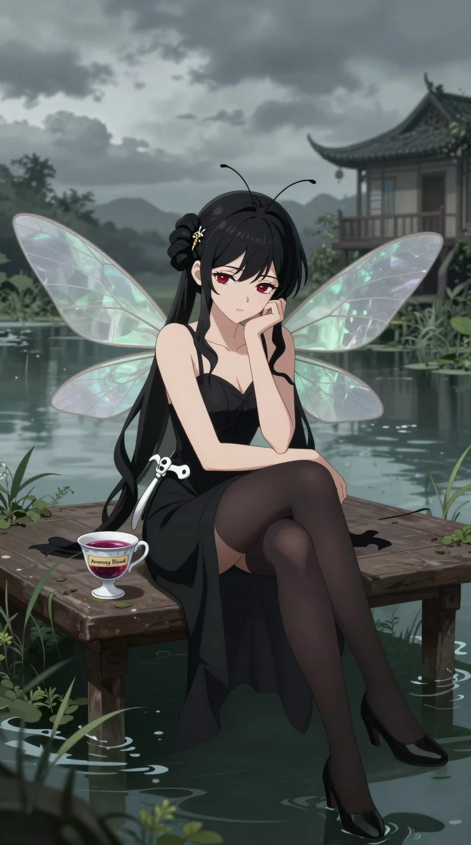 Elegant mosquito girl relaxing in a lagoon house