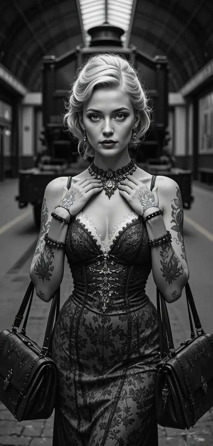 Elegant victorian woman with suitcases on a train platform