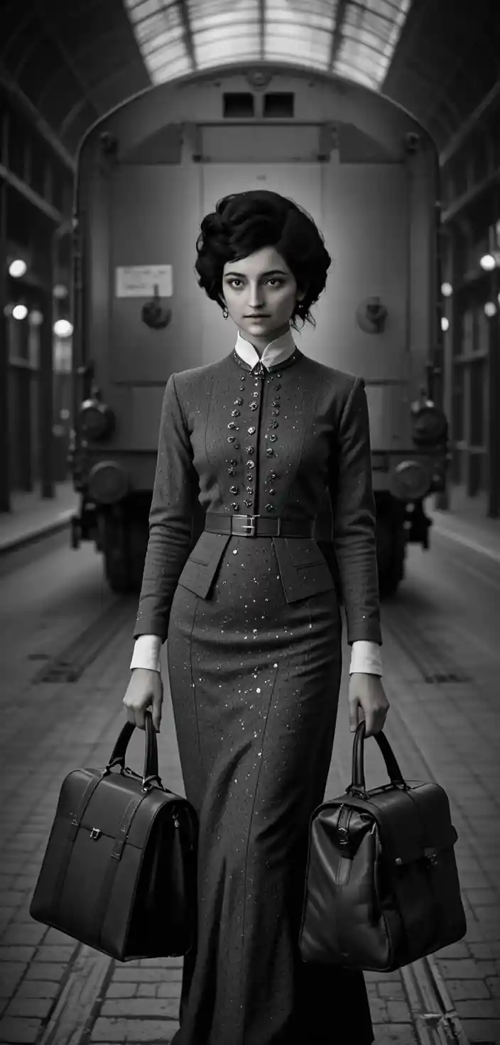 Elegante Frau im viktorianischen Anzug auf einem nostalgischen Bahnhof