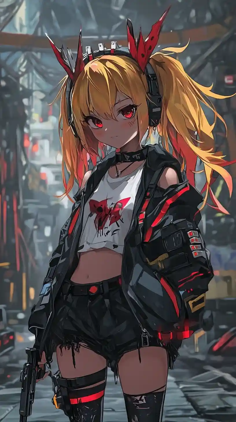 Garota de anime armada com jaqueta tática caminhando pelo porto de cargas