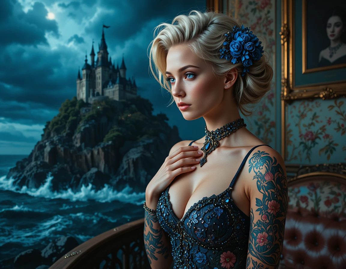 Melancholic mermaid on stormy rocks facing distant castle