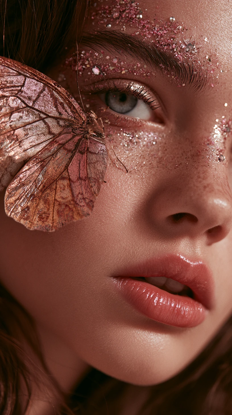 Extreme close up beauty portrait with butterfly and glitter