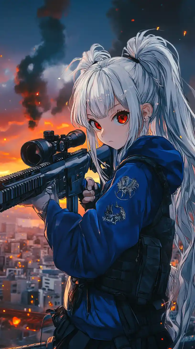 Anime girl with rifle in a destroyed urban war zone