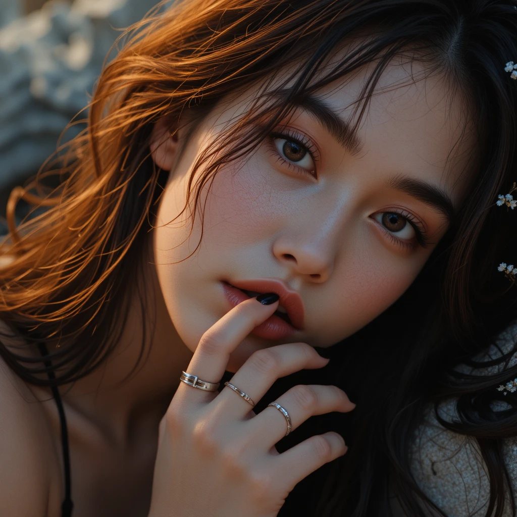 Dreamy close up portrait of a woman in warm backlight