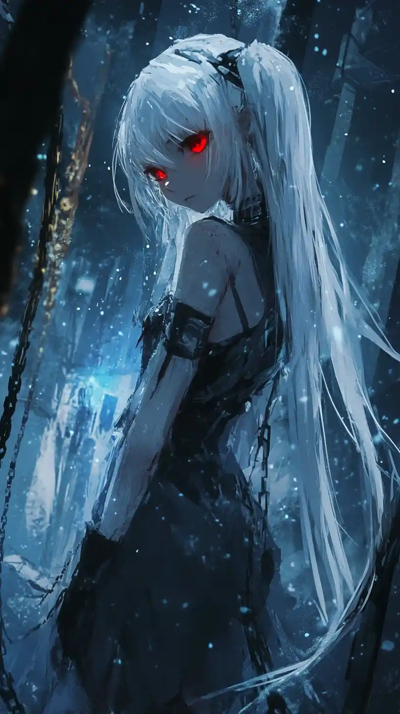 Ragazza anime con vestiti unti che fissa un cristallo luminoso