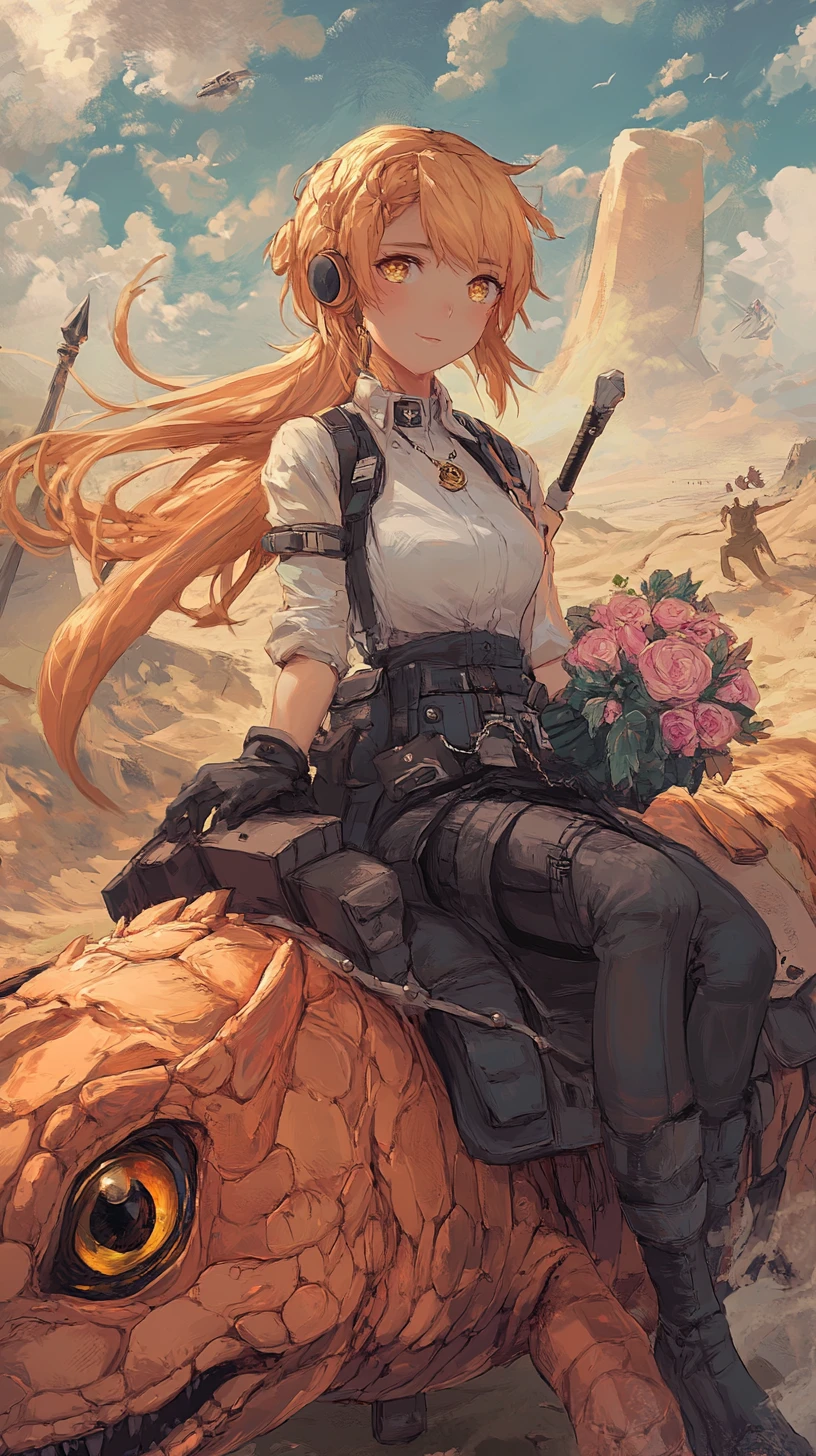 Girl riding a saddled lizard in a desert sandstorm