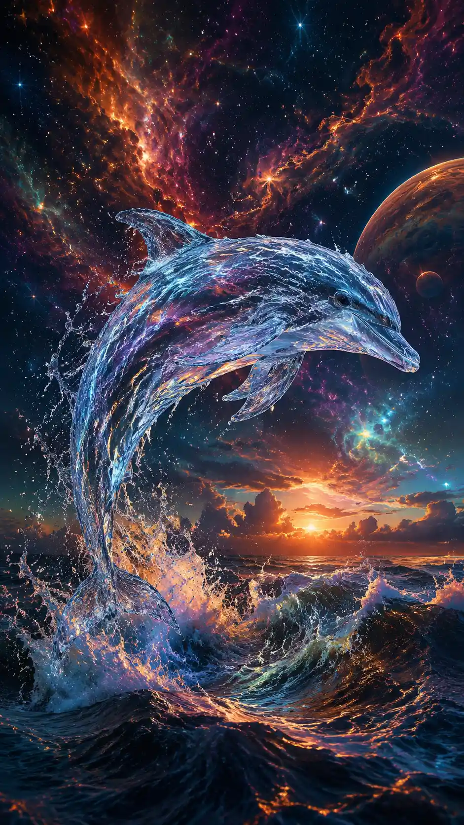 Water formed dolphin leaping above waves in cosmic sky