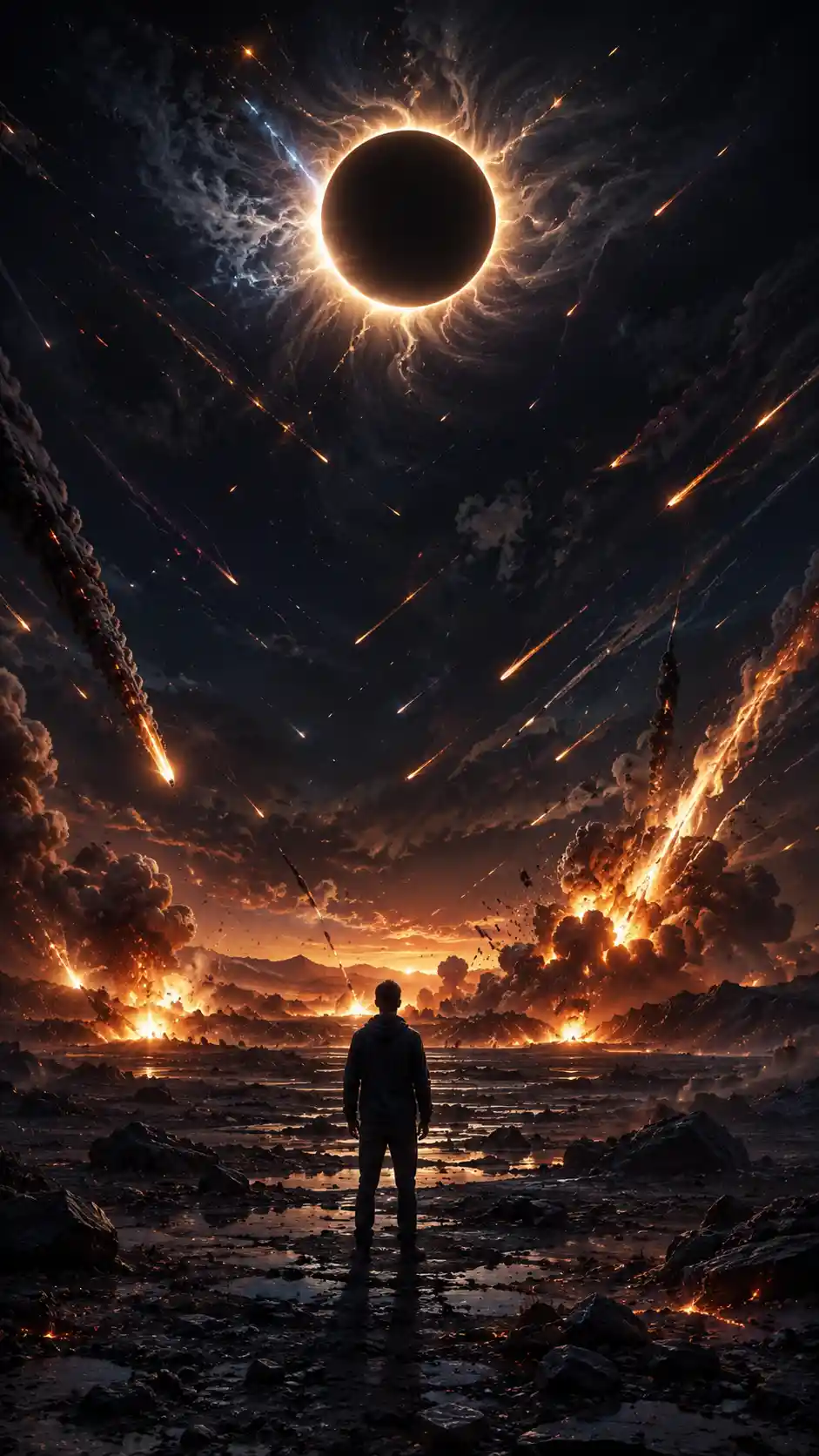 Man watching solar eclipse over burning apocalyptic landscape