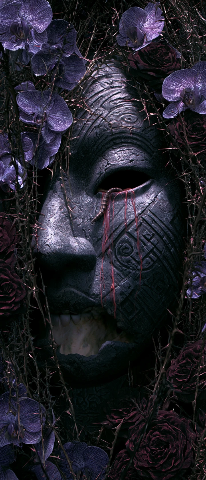Weathered stone head in a chained thorn garden