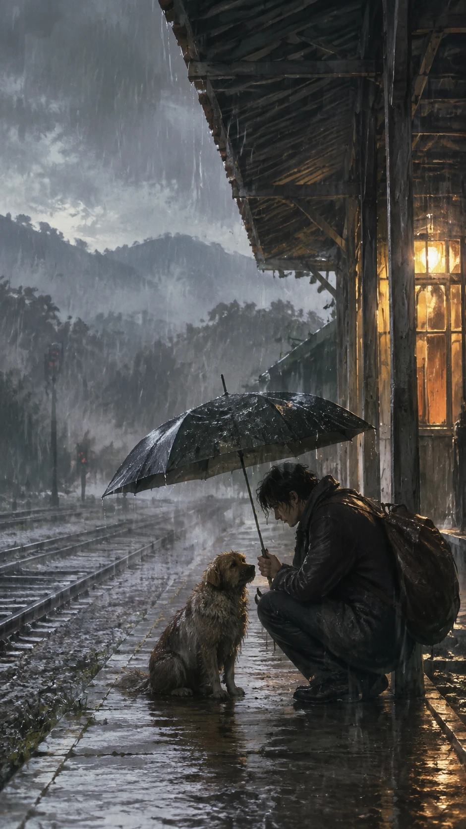 Man and stray dog waiting under a summer storm