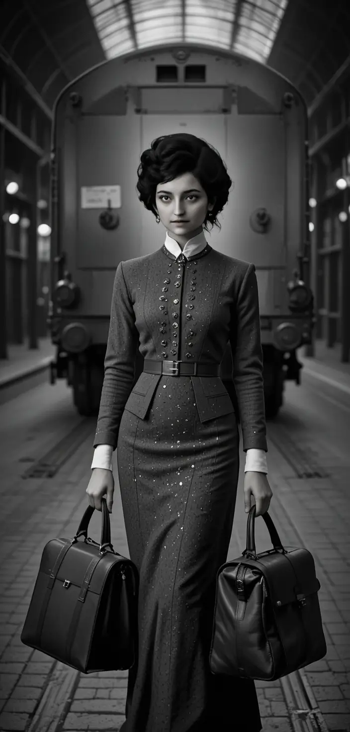 Elegant woman in victorian suit at vintage train platform