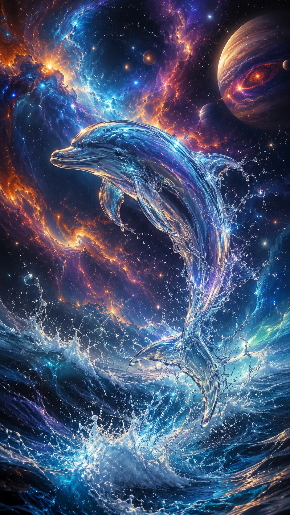 宇宙星空中躍出浪潮的水形海豚