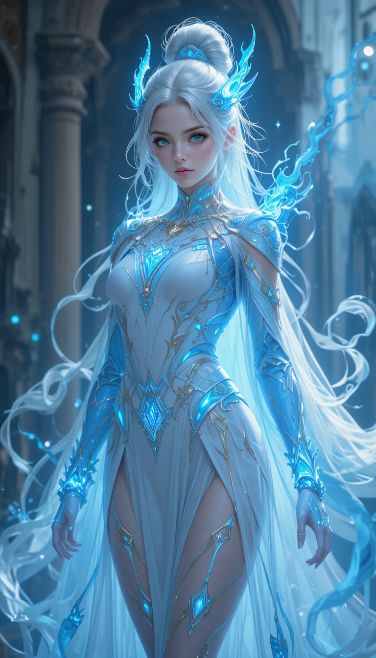 Fantasy anime girl with glowing blue antlers and runic outfit