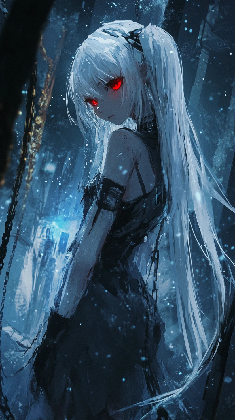 Anime girl in greasy clothes staring at glowing crystal