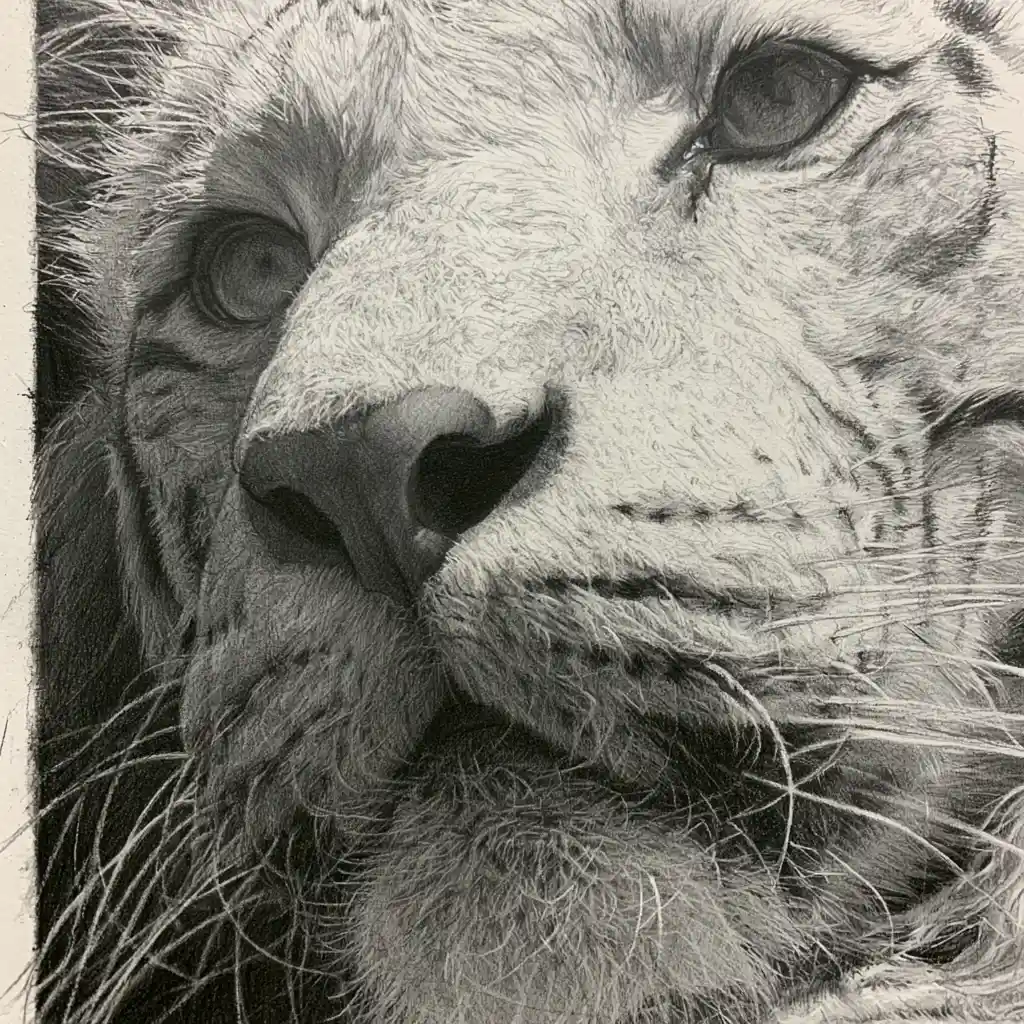 Close up pencil sketch of a white tiger face