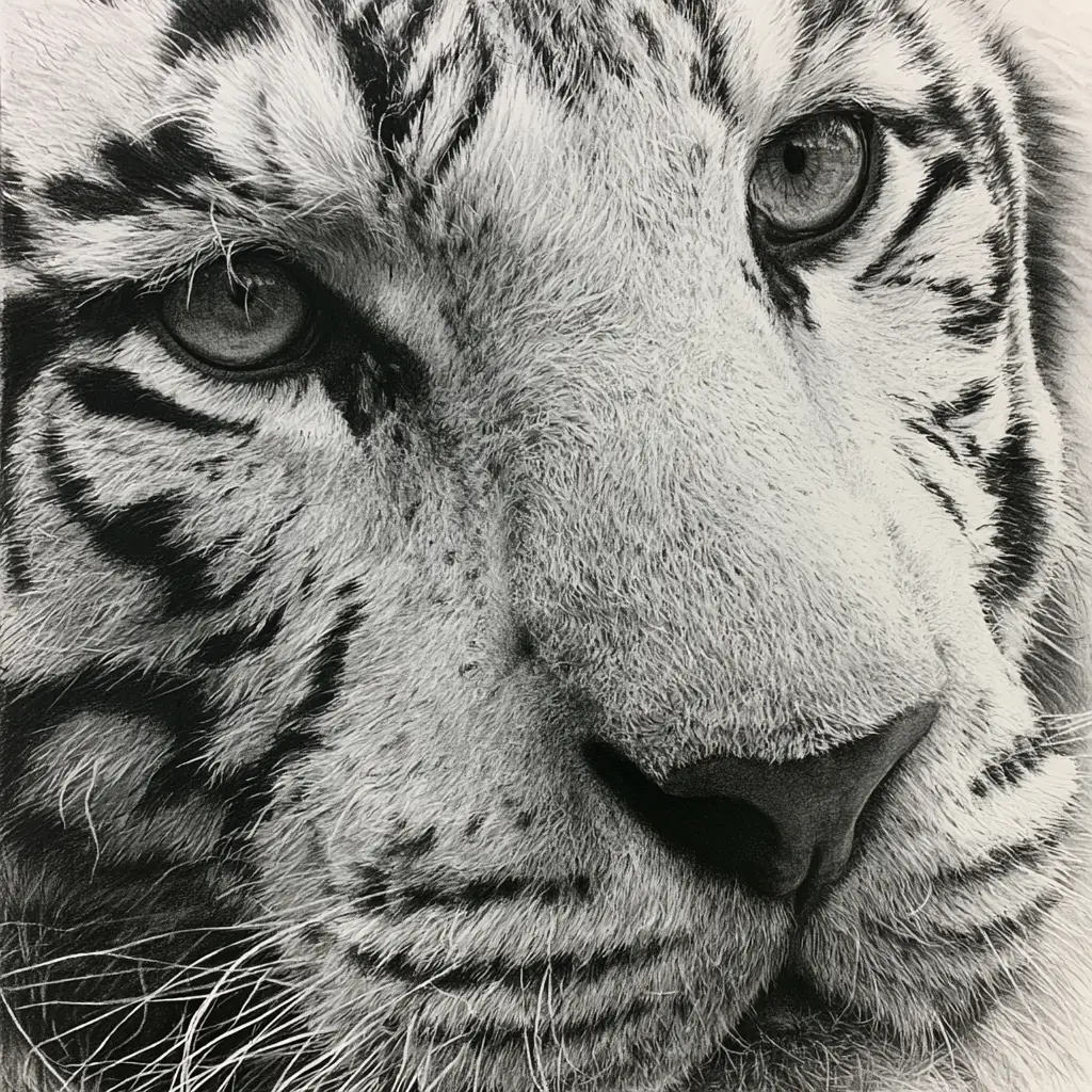 Close up charcoal drawing of a white tiger face
