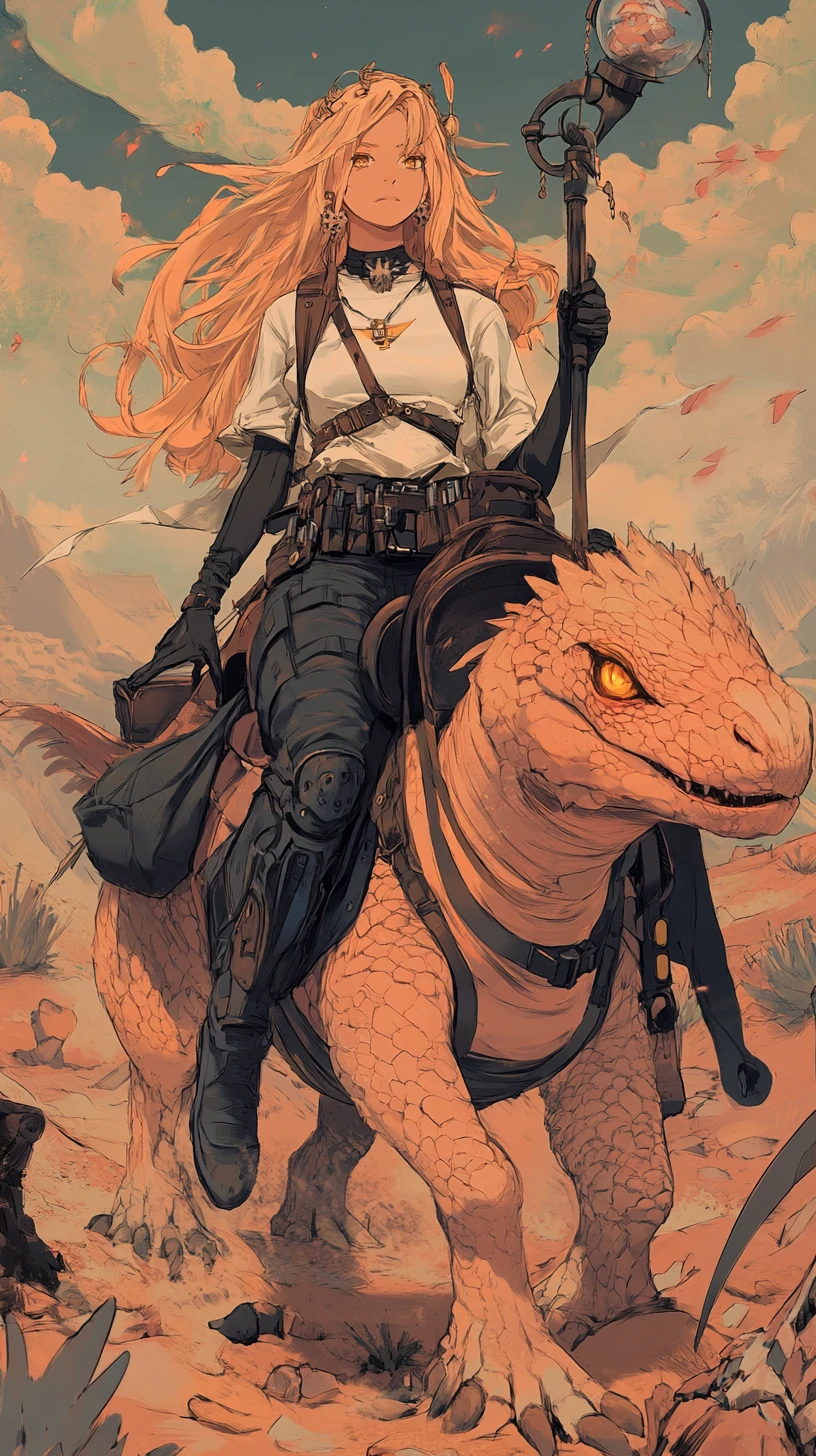 Girl riding a saddled lizard through a desert sandstorm