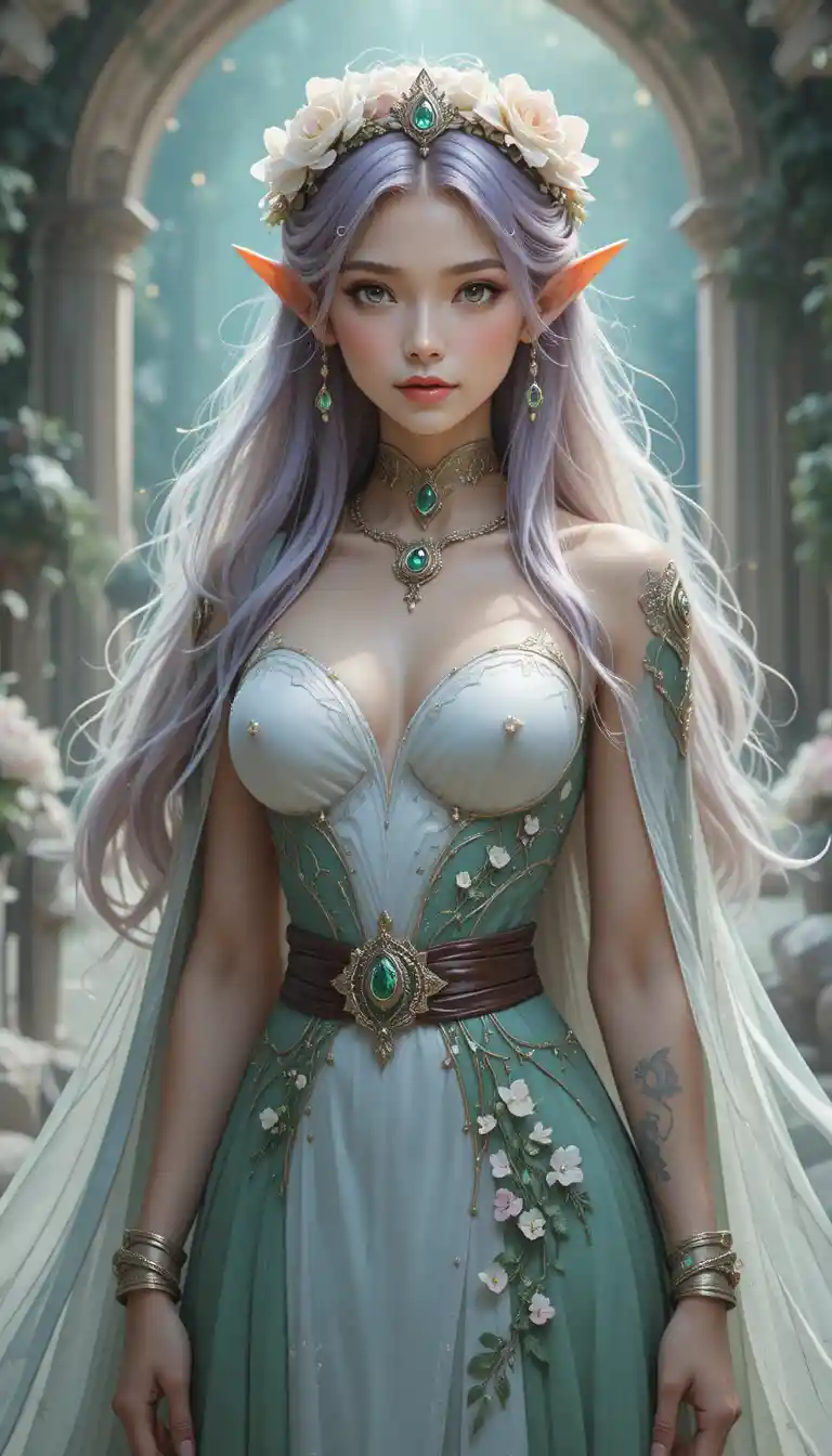 Emerald haired anime witch girl with elven elegance