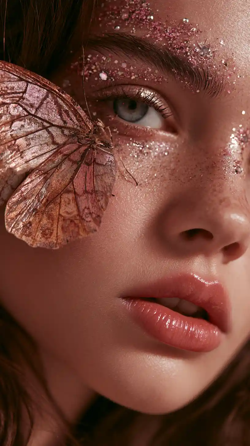 Extreme close up beauty portrait with butterfly and glitter