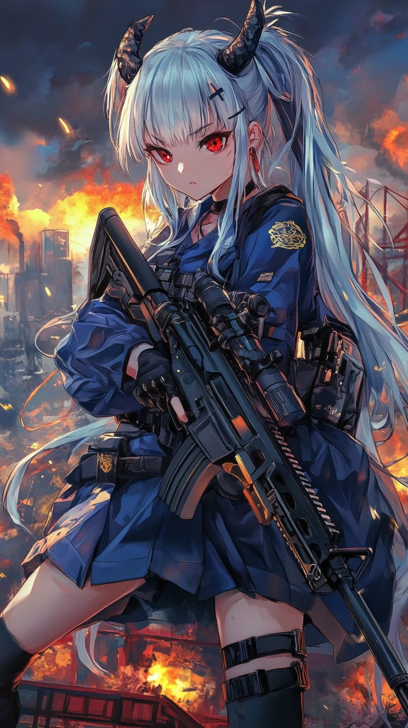 Anime girl with rifle in a ruined urban war zone
