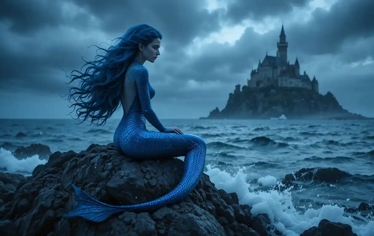 Melancholic mermaid on stormy rocks facing distant castle