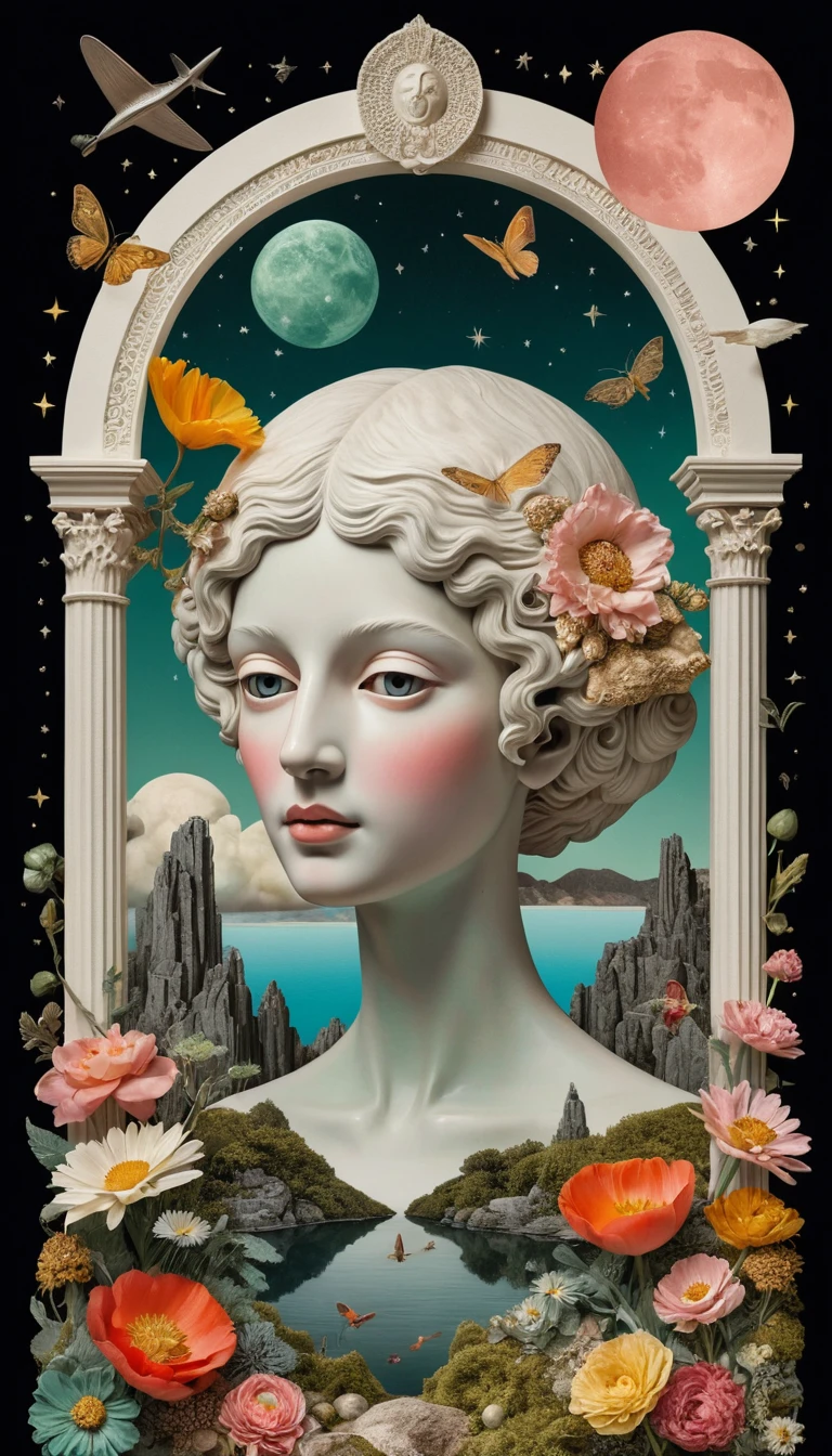 Surreal Woman In Ornate Shrine Amid Collaged Seascape