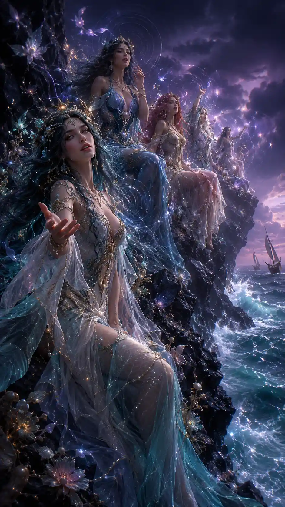 Sea nymphs on jagged cliffs above a stormy turquoise ocean