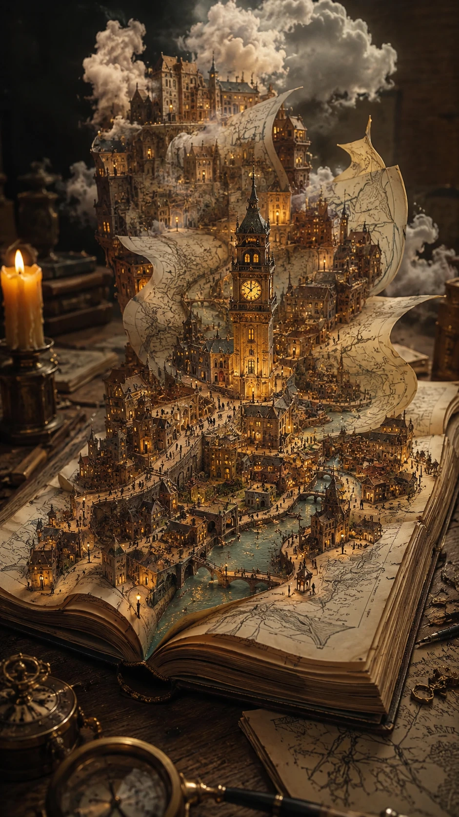 Ancient City Rising From An Open Atlas On Wooden Desk