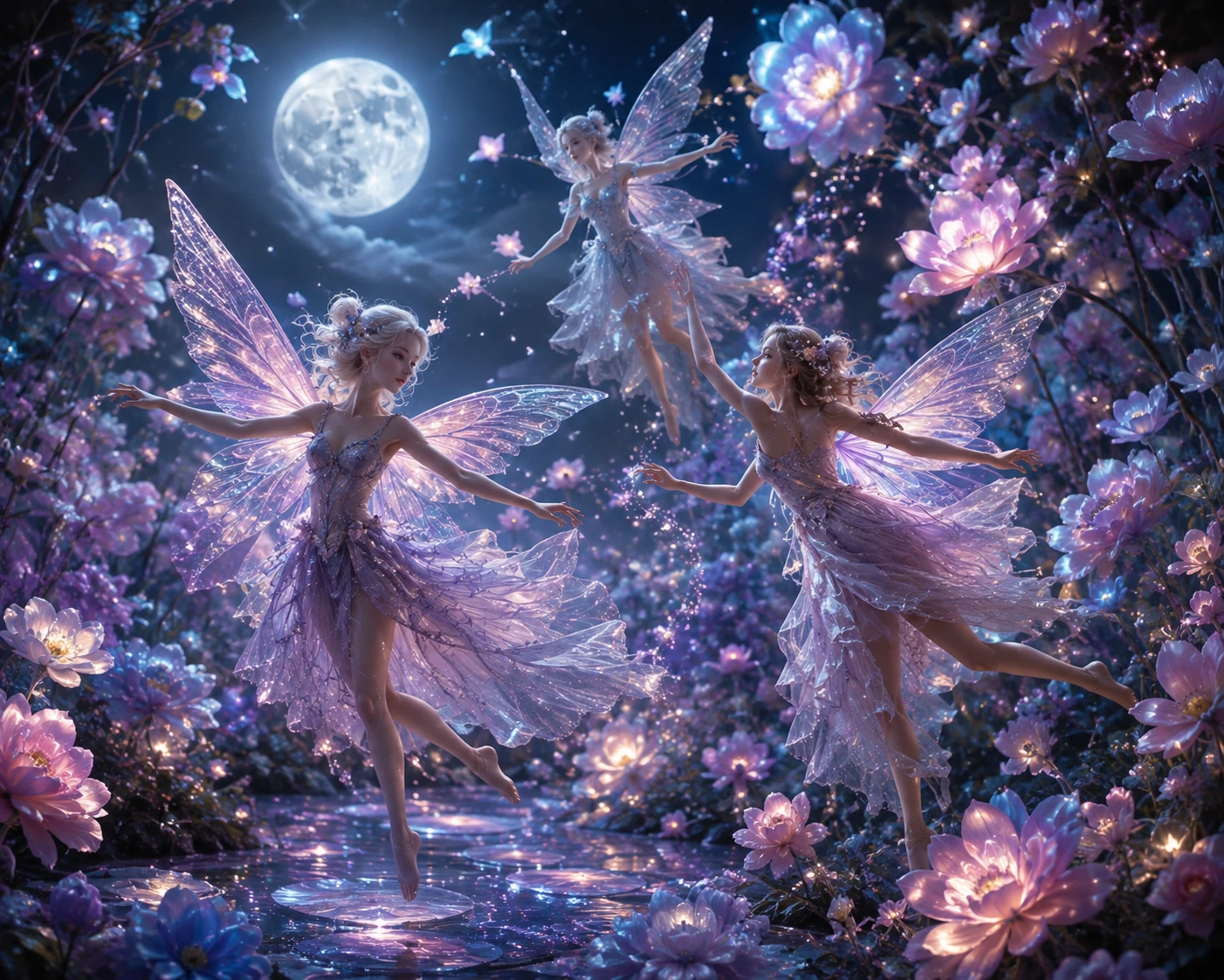Moonlit fairies dancing in a glowing surreal garden