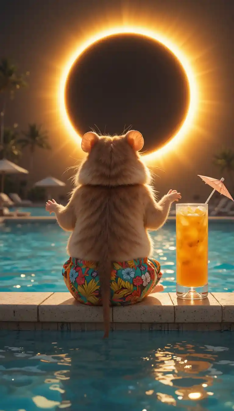 Glücklicher Hamster entspannt an einem sonnigen utopischen Lido-Pool