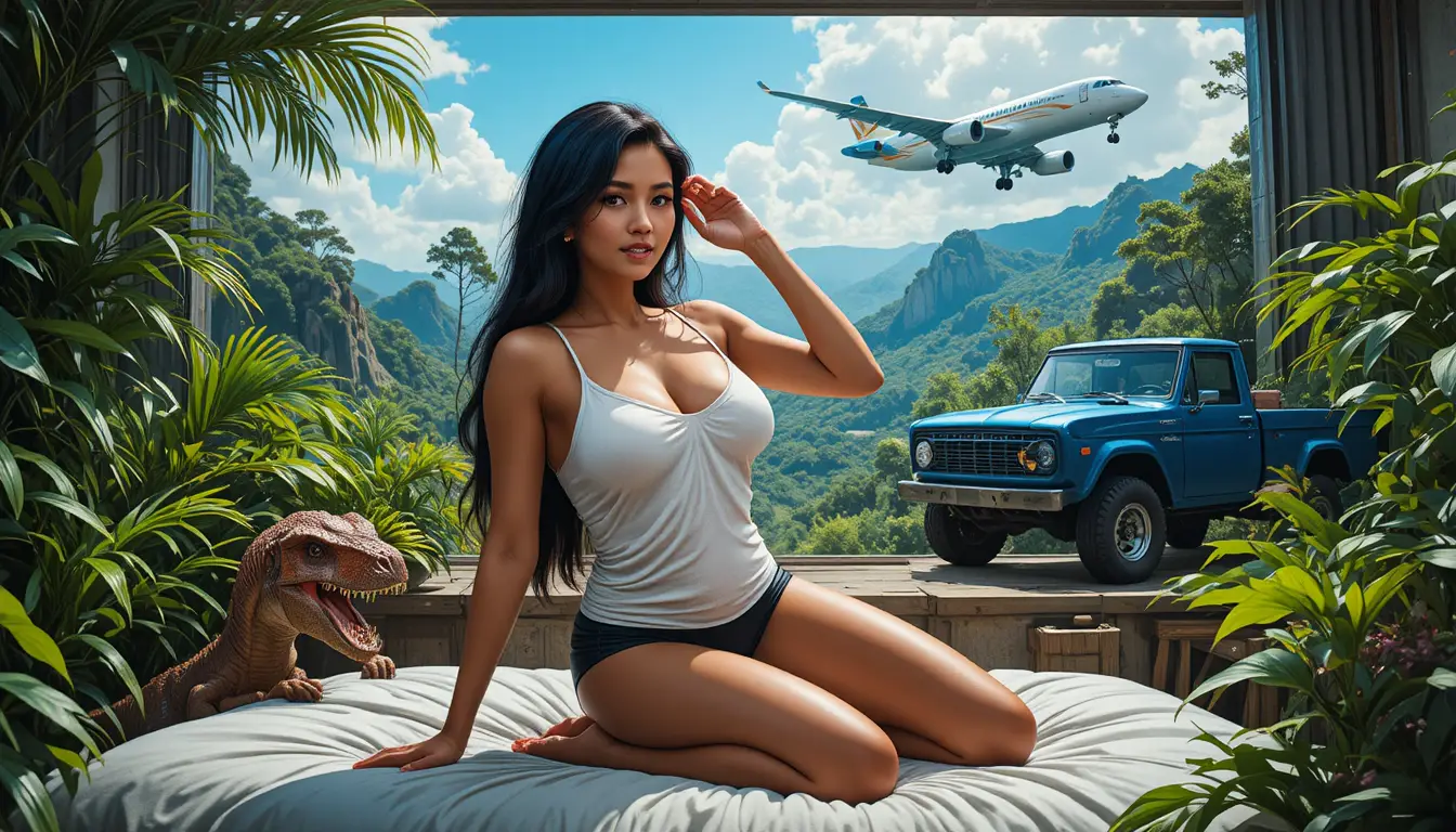 Surreal dinosaurs and jungle with truck and jet
