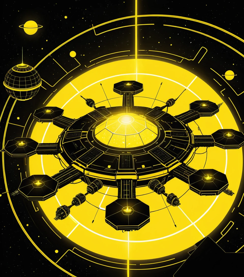 Futuristic space station orbiting a neon yellow gas giant