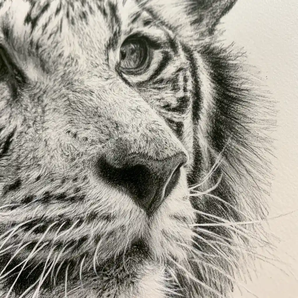 Close up pencil sketch of a white tiger face