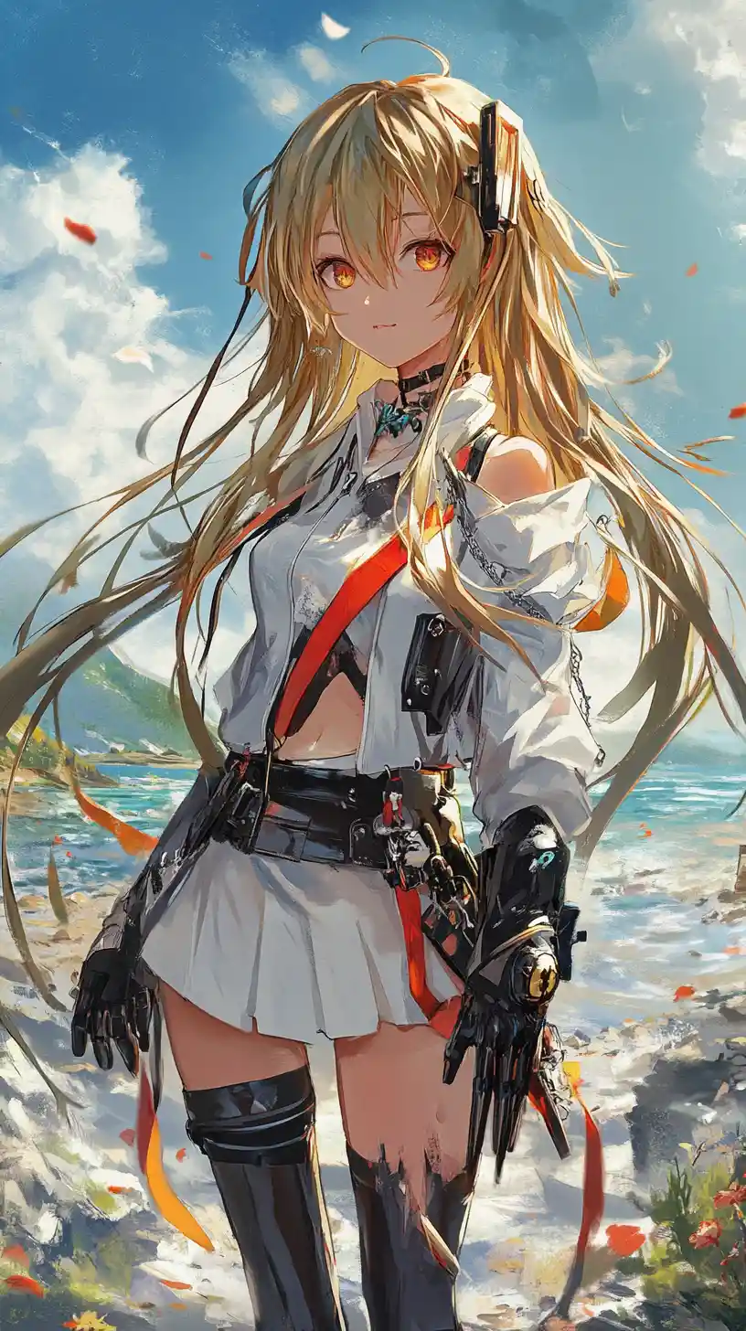 Armed anime girl in tactical outfit by a mountain lake