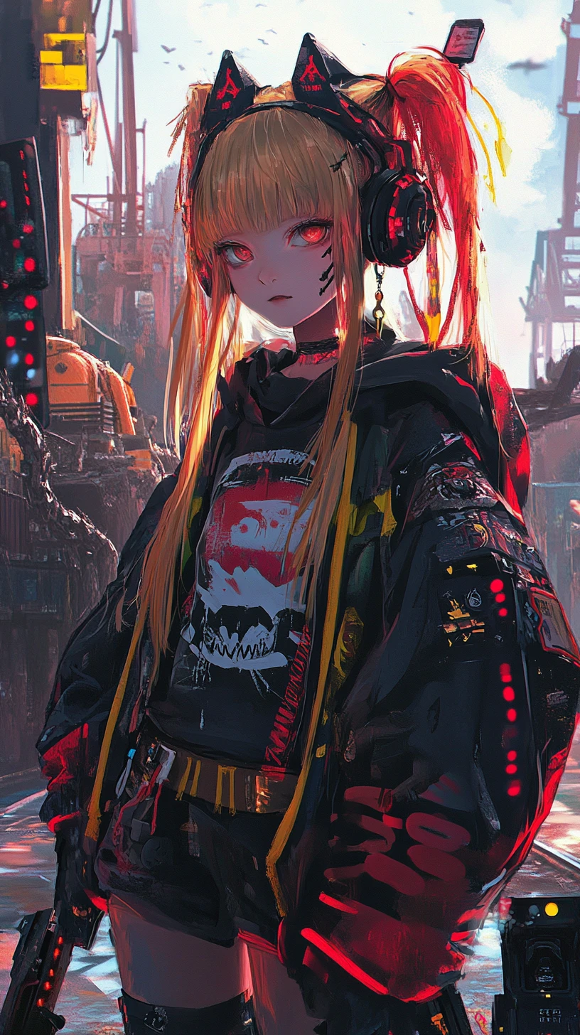 Armed anime girl walking through a busy shipping port