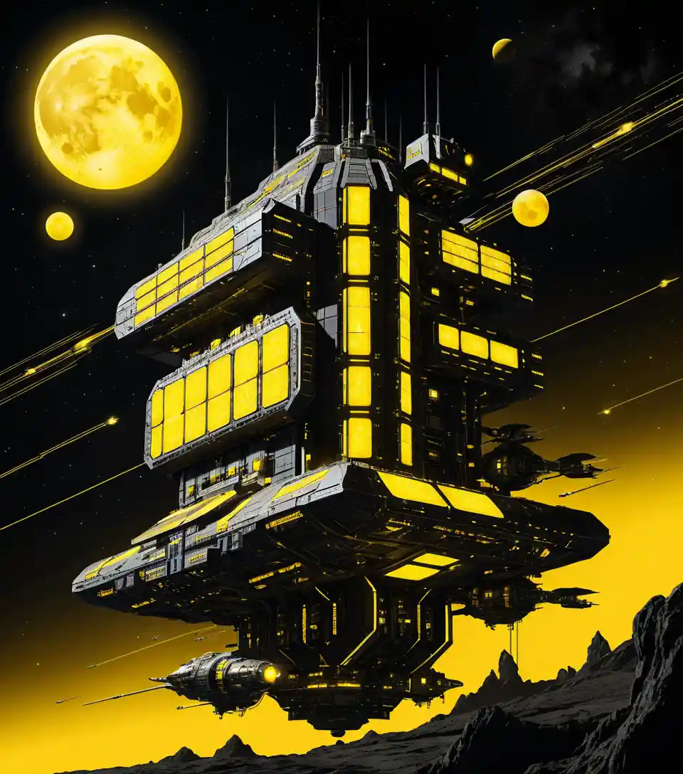 Stazione spaziale futuristica in orbita sopra una luna gialla