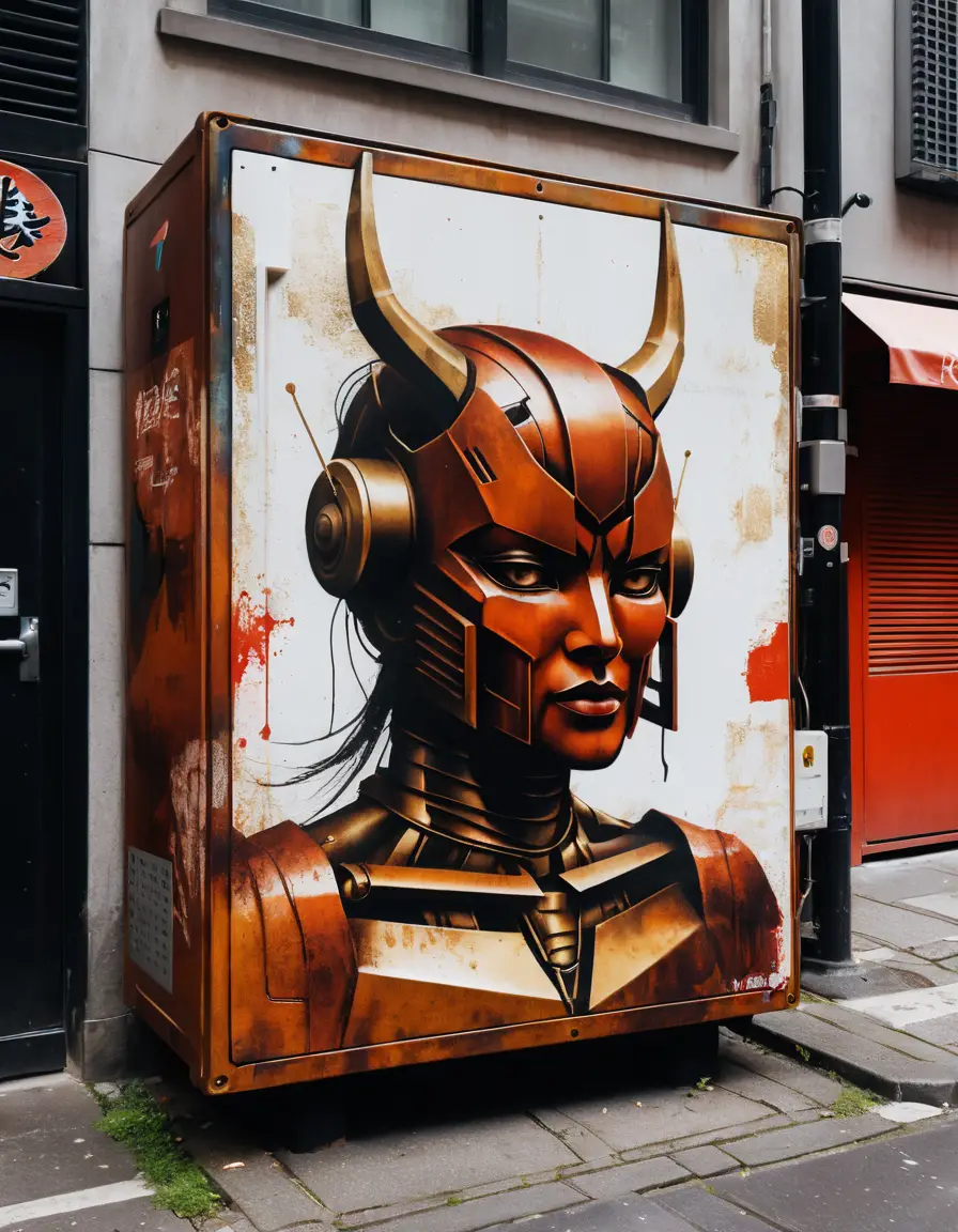 Rusty transformer box mural in a gloomy city alley