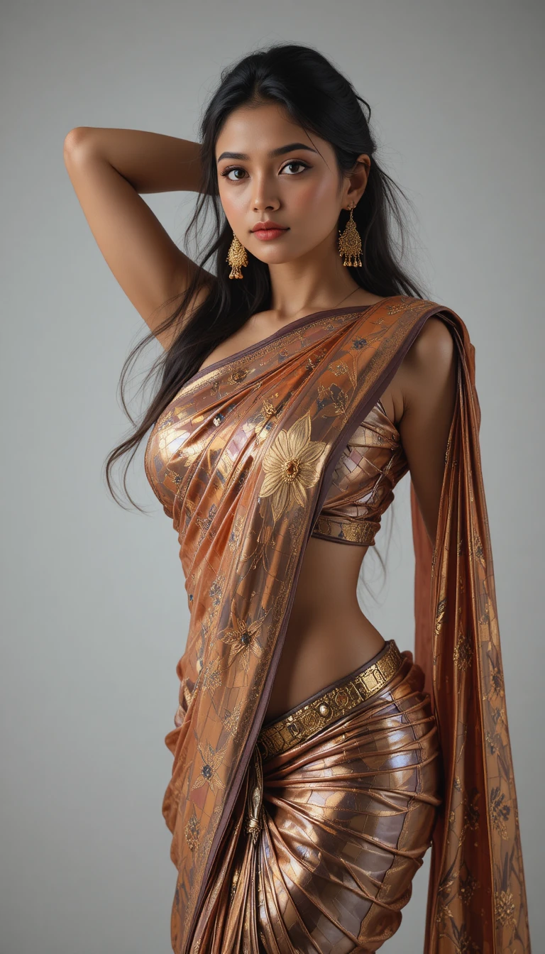 Elegant woman in saree posing with raised arm indoors