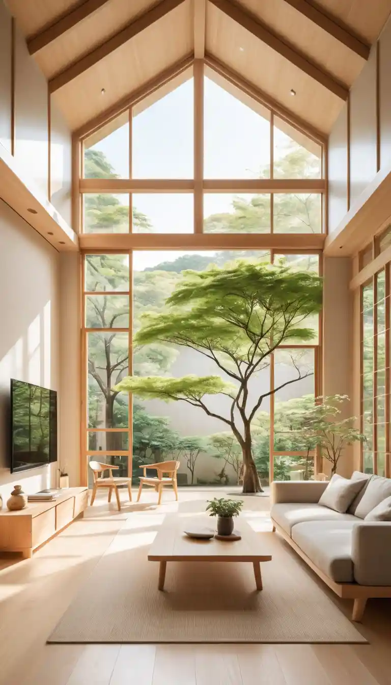 Modern Japanese living room with indoor tree and sunlight
