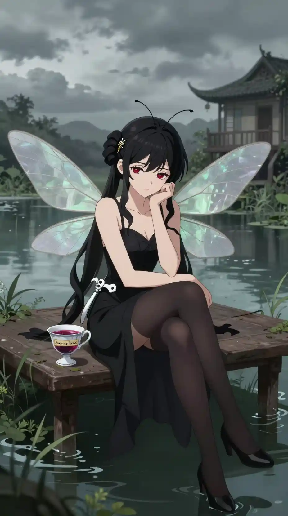 在潟湖小屋中放鬆的優雅蚊子少女