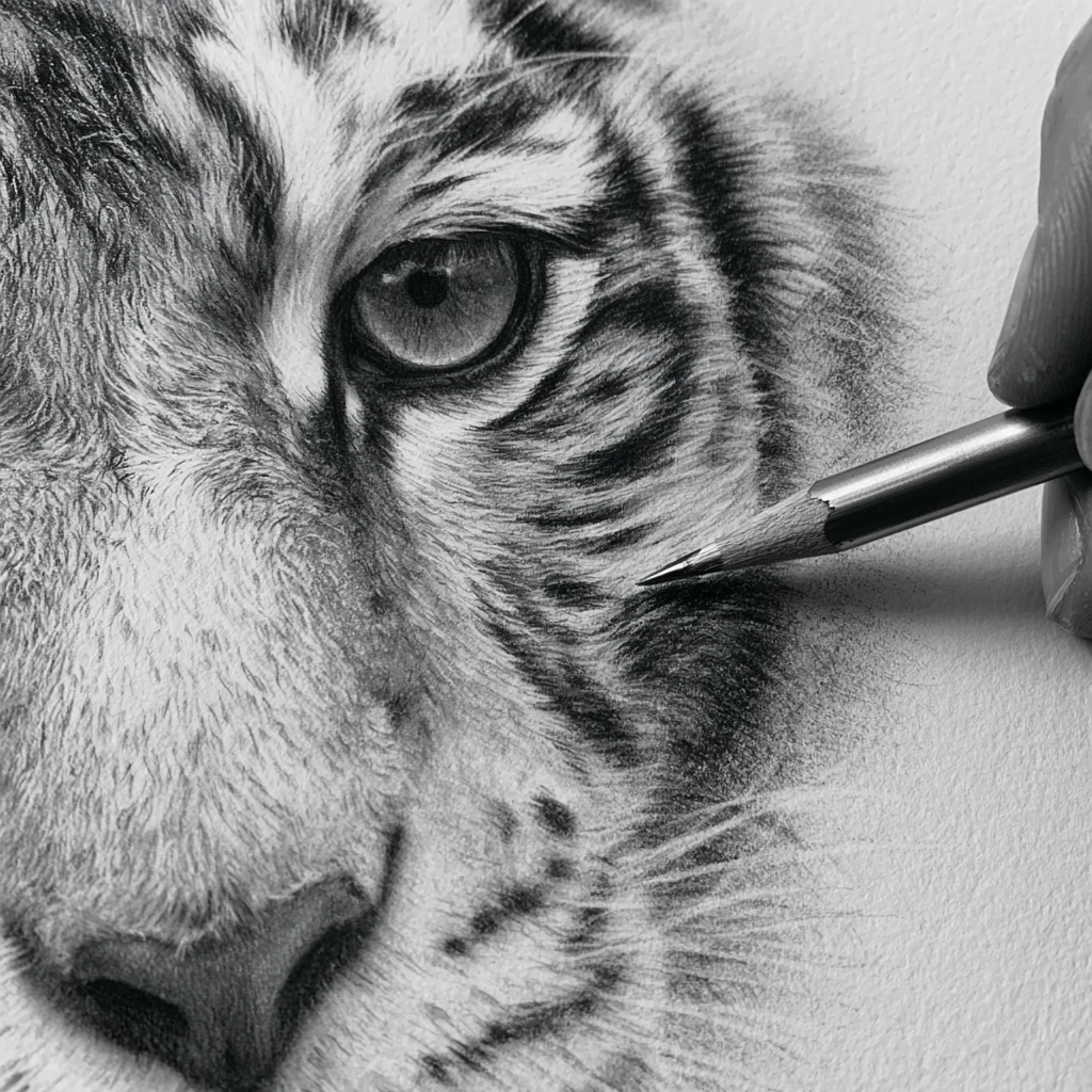 Close up 3D pencil sketch of a white tiger face
