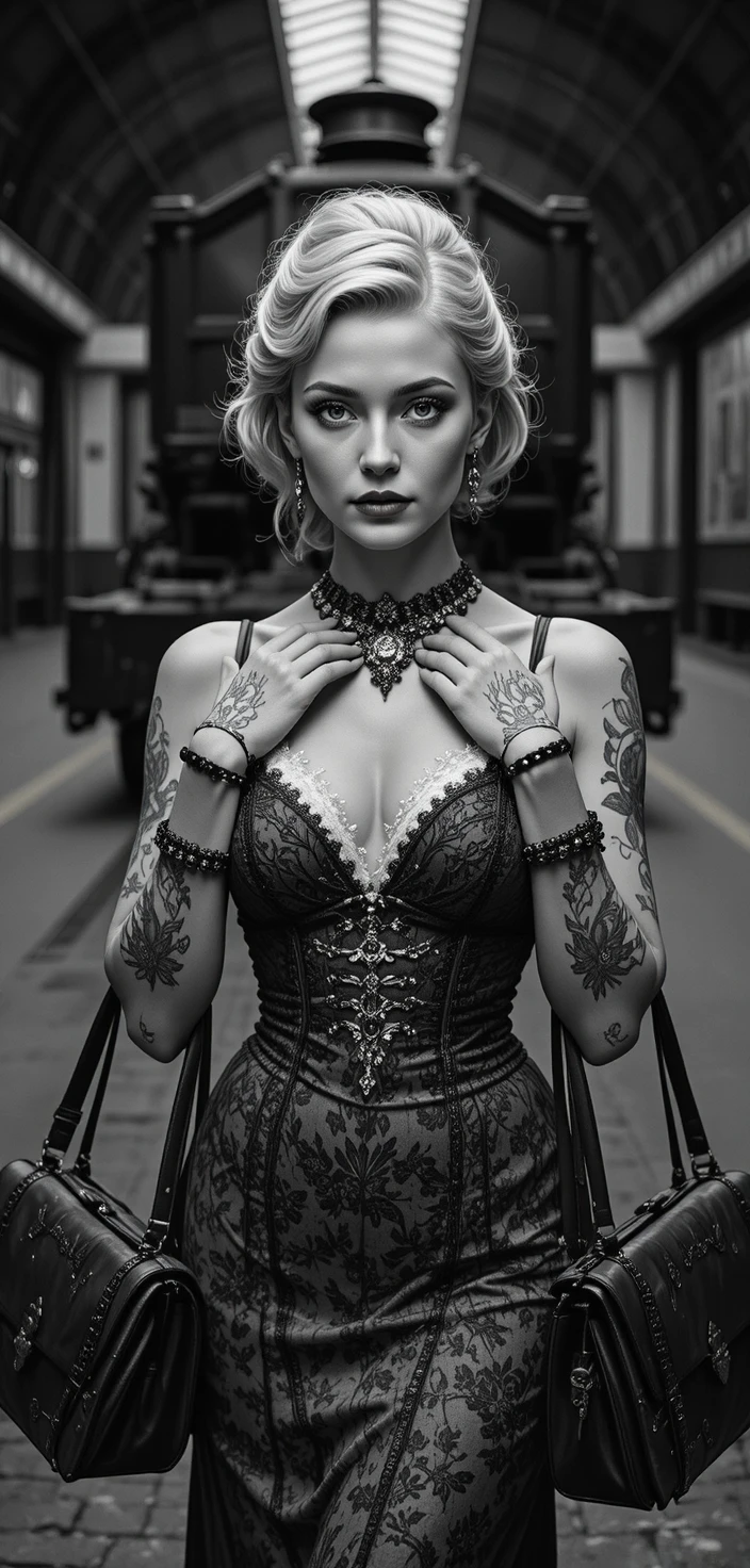 Elegant victorian woman with suitcases on a train platform