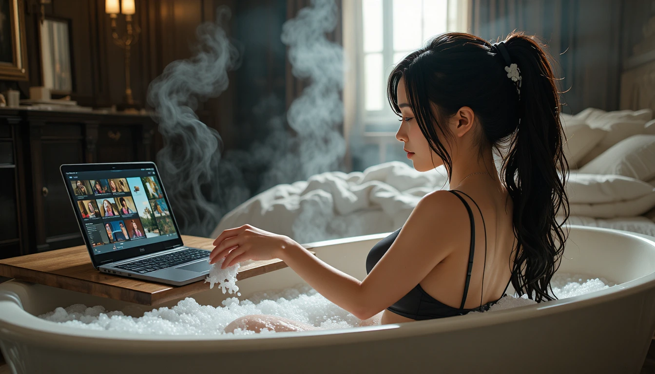 Young woman using laptop in a modern soaking bathtub
