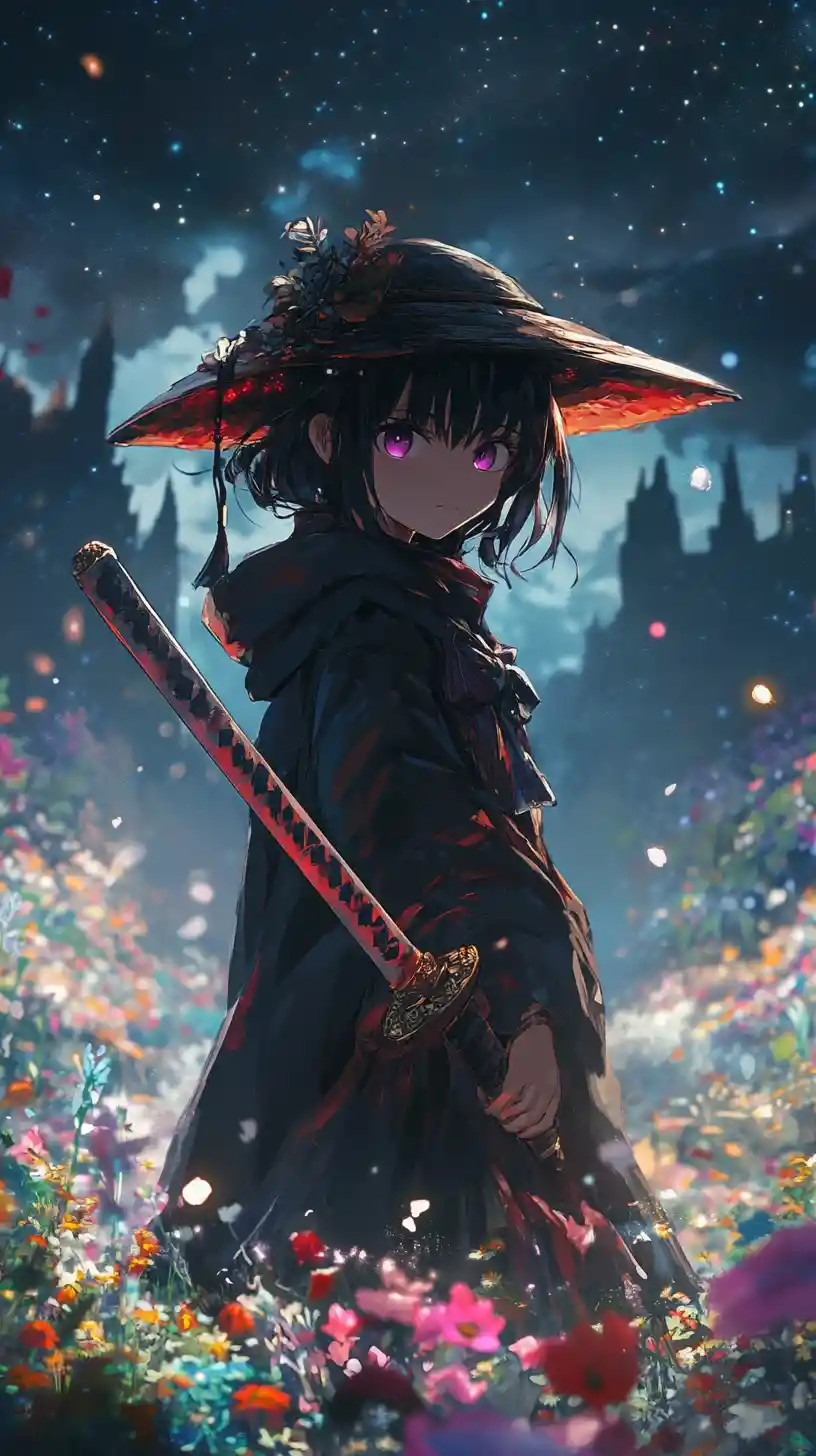 Guerrera anime con espada ancla y aura brillante