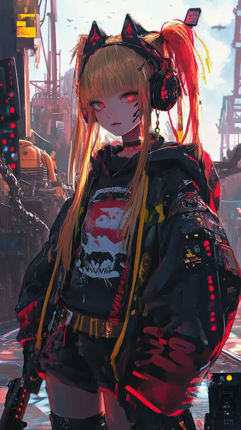 Armed anime girl walking through a busy shipping port