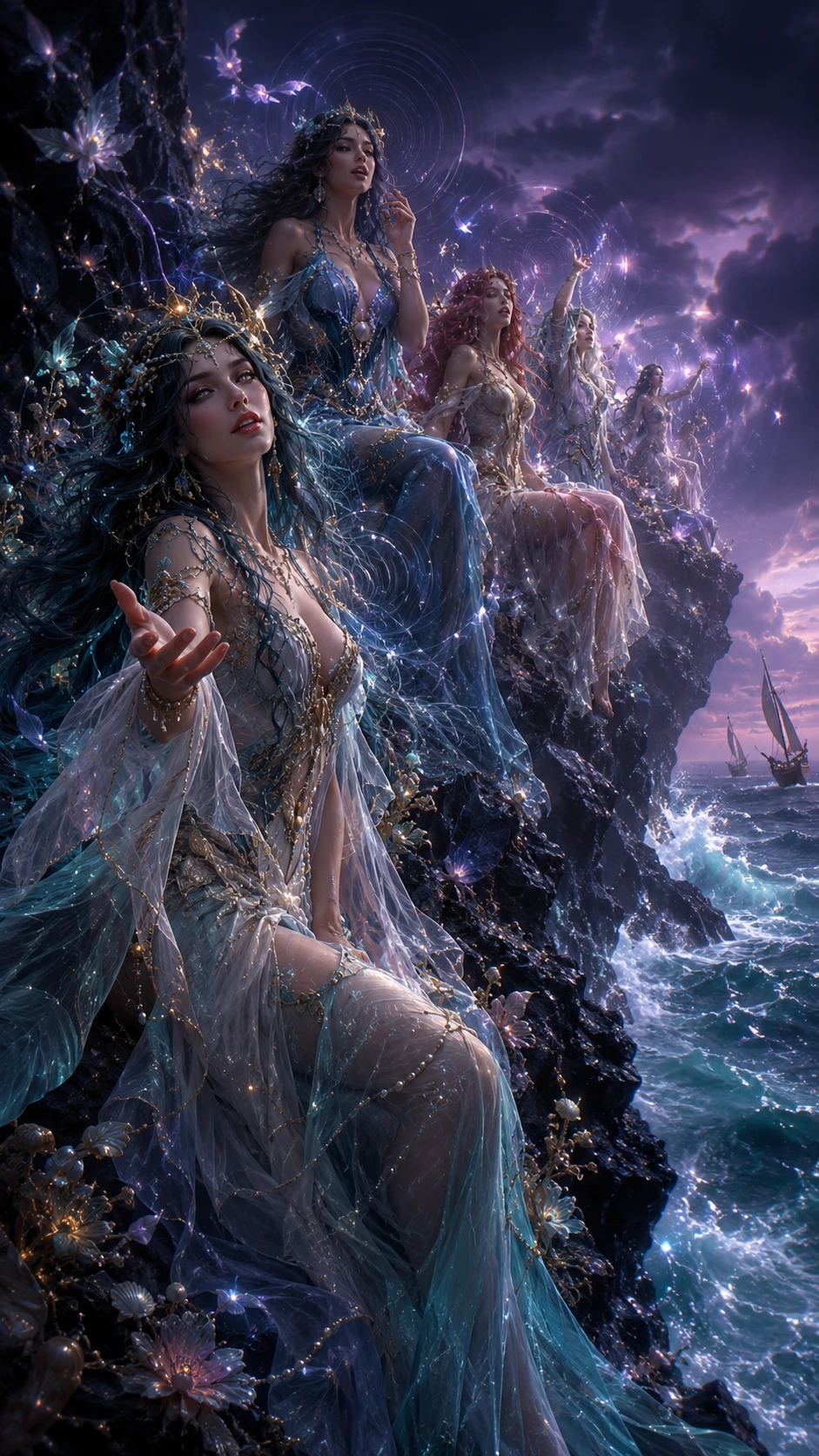 Sea nymphs on jagged cliffs above a stormy turquoise ocean