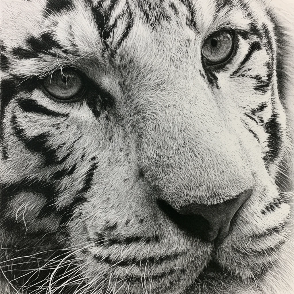 Close up charcoal drawing of a white tiger face